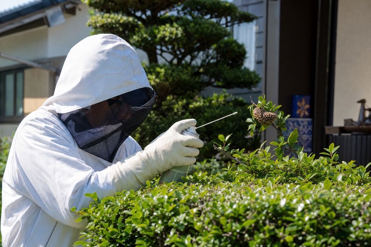 あま市七宝の住宅街でアシナガバチ駆除作業中