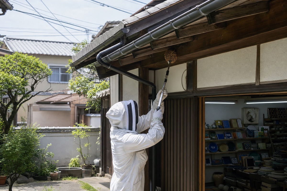 あま市二ツ寺の七宝焼工房付き住宅でキイロスズメバチ駆除作業中
