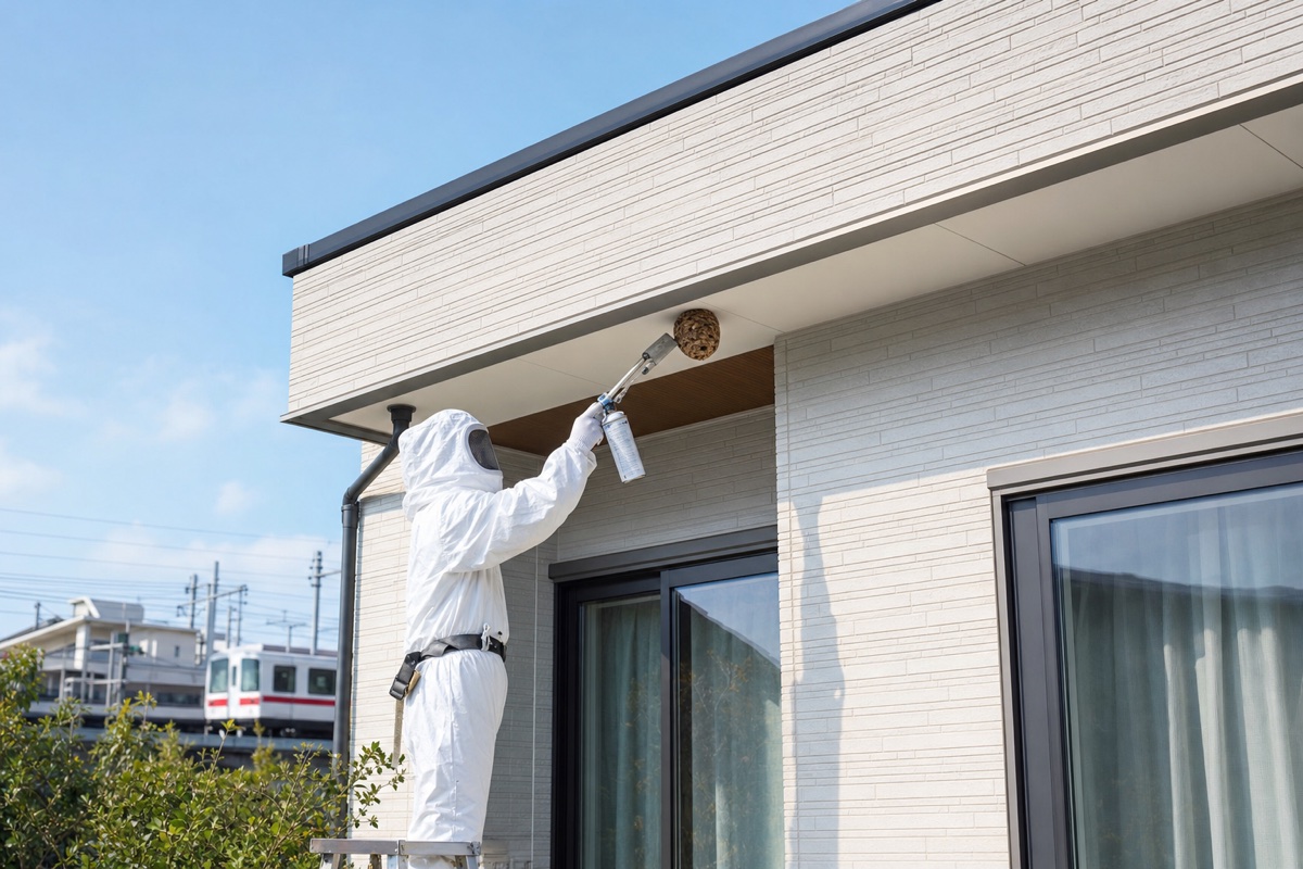 あま市木田の新興住宅地でスズメバチ駆除作業中