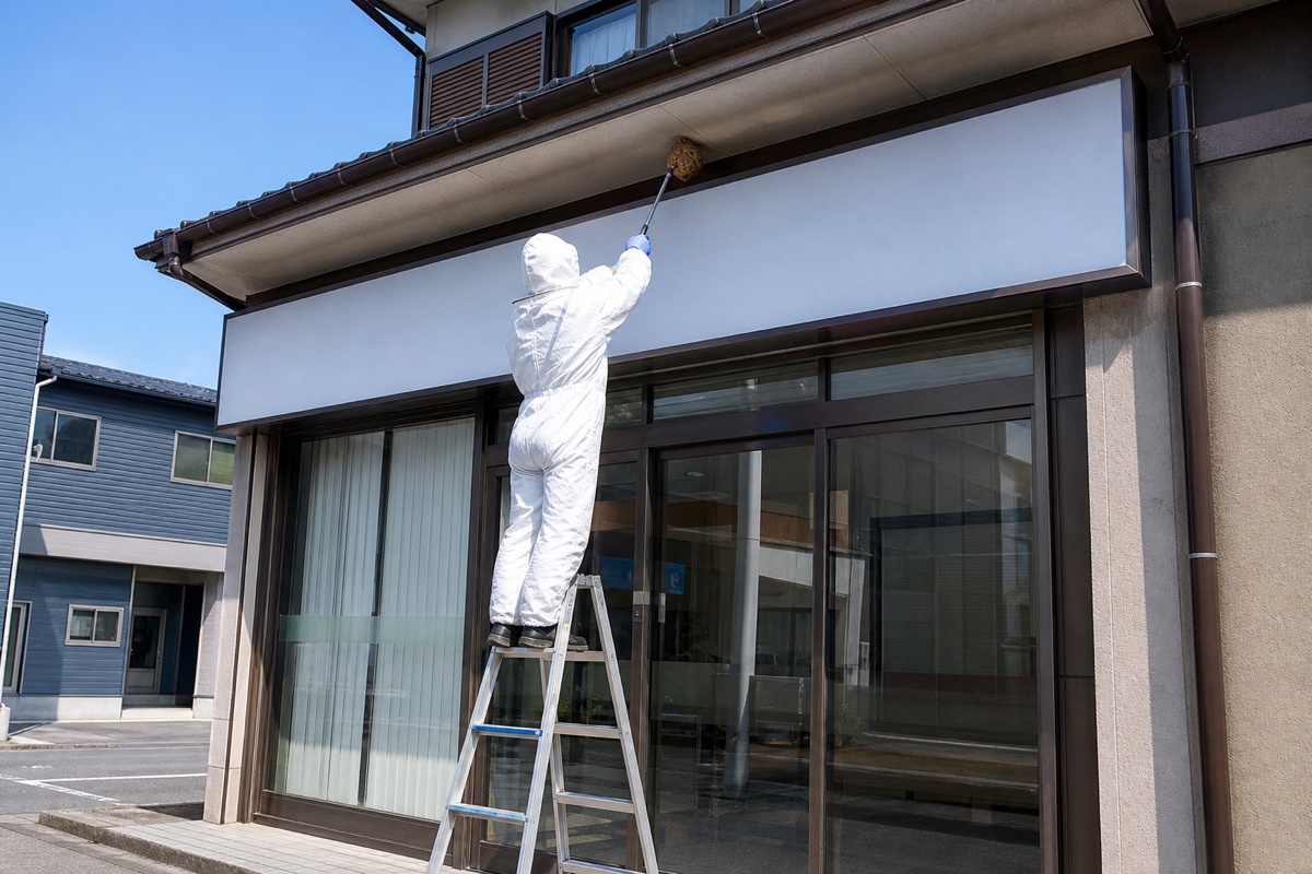 あま市森の銀行併用住宅でキイロスズメバチ駆除作業中