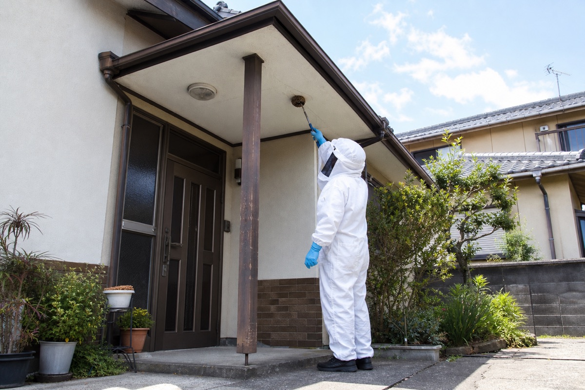 あま市篠田の賃貸戸建でアシナガバチ駆除作業中