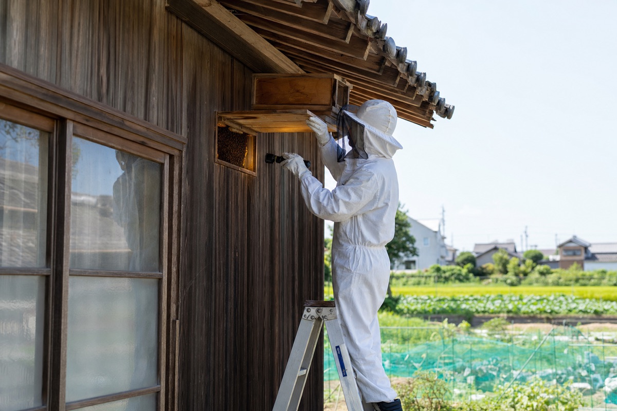 あま市中萱津の農家住宅でミツバチ駆除作業中