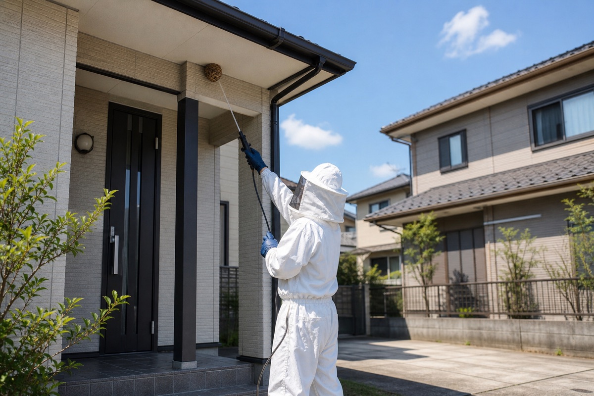 あま市篠田六反の住宅街でスズメバチ駆除作業中