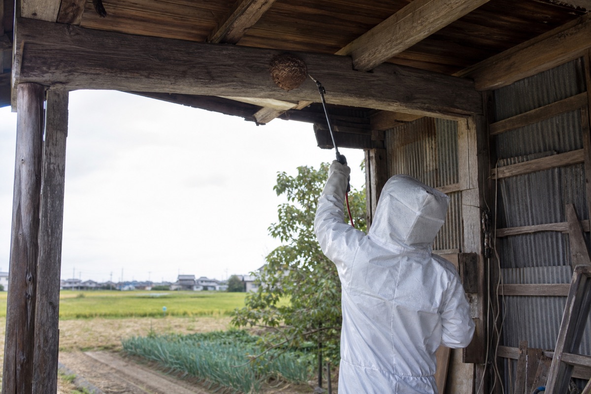 あま市木折の農地隣接住宅でオオスズメバチ駆除作業中