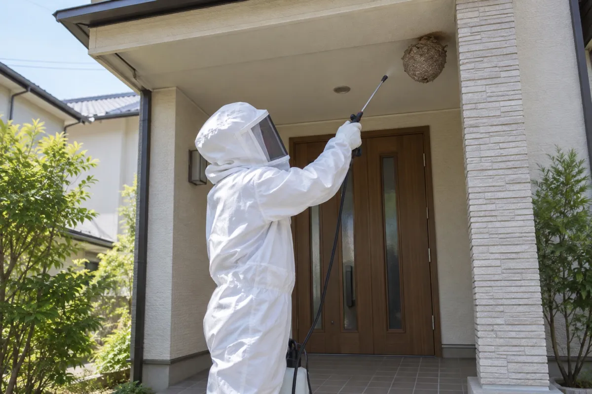 あま市方領の木造一戸建てでスズメバチ駆除作業中