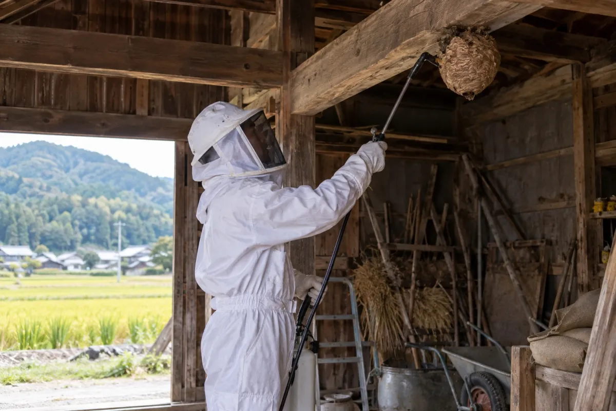 あま市遠島の田園農家納屋でオオスズメバチ駆除作業中