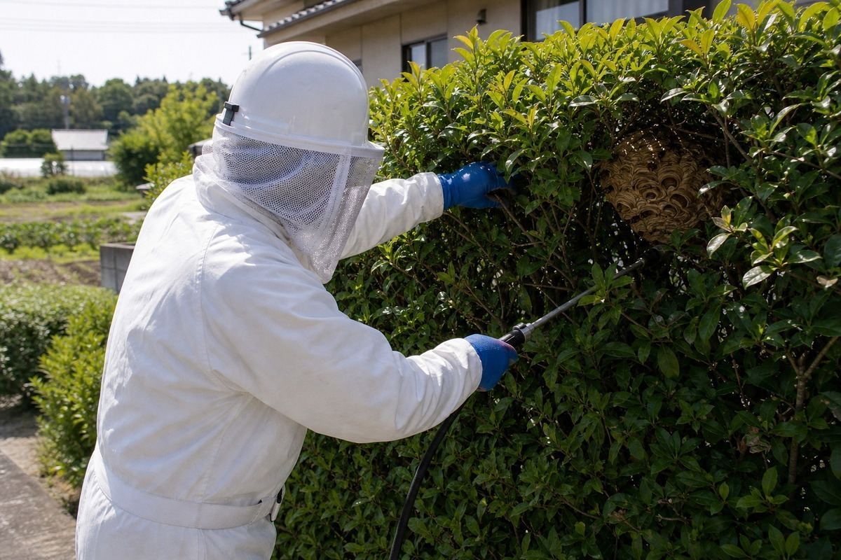 安城市赤松町の戸建てでスズメバチ駆除作業中