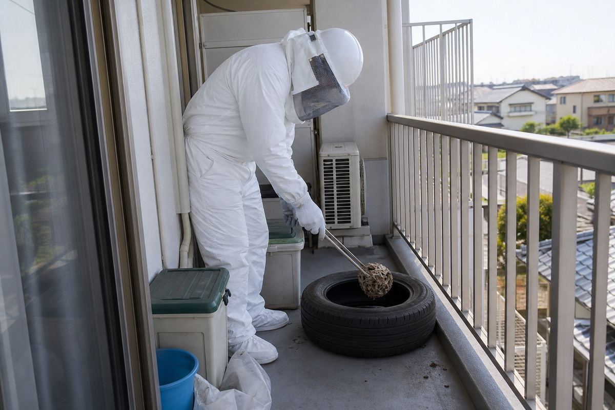 安城市桜井町のマンションでアシナガバチ駆除作業中