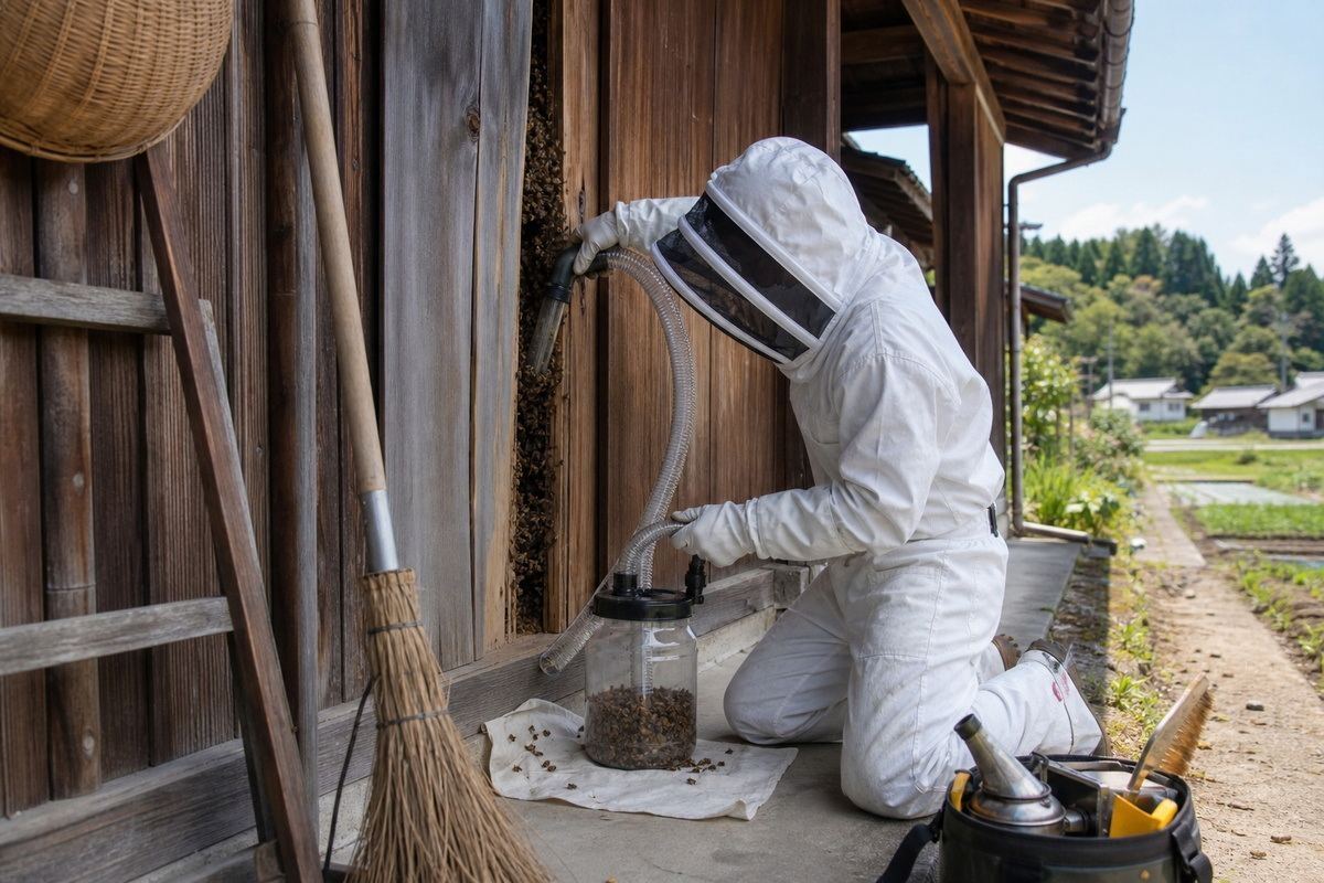 安城市横山町の農家住宅でミツバチ駆除作業中