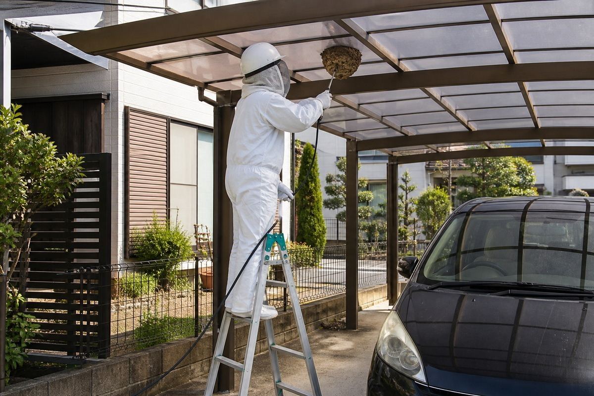 安城市福釜町の賃貸戸建でスズメバチ駆除作業中