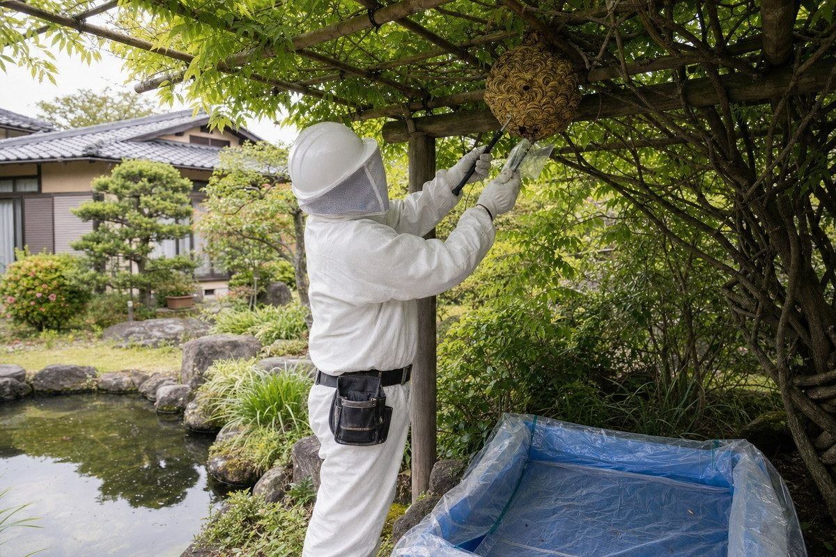 安城市緑町の公園隣接住宅でキイロスズメバチ駆除作業中