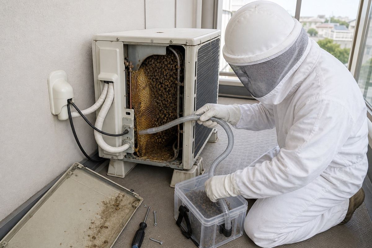 安城市桜町のマンションでミツバチ駆除作業中