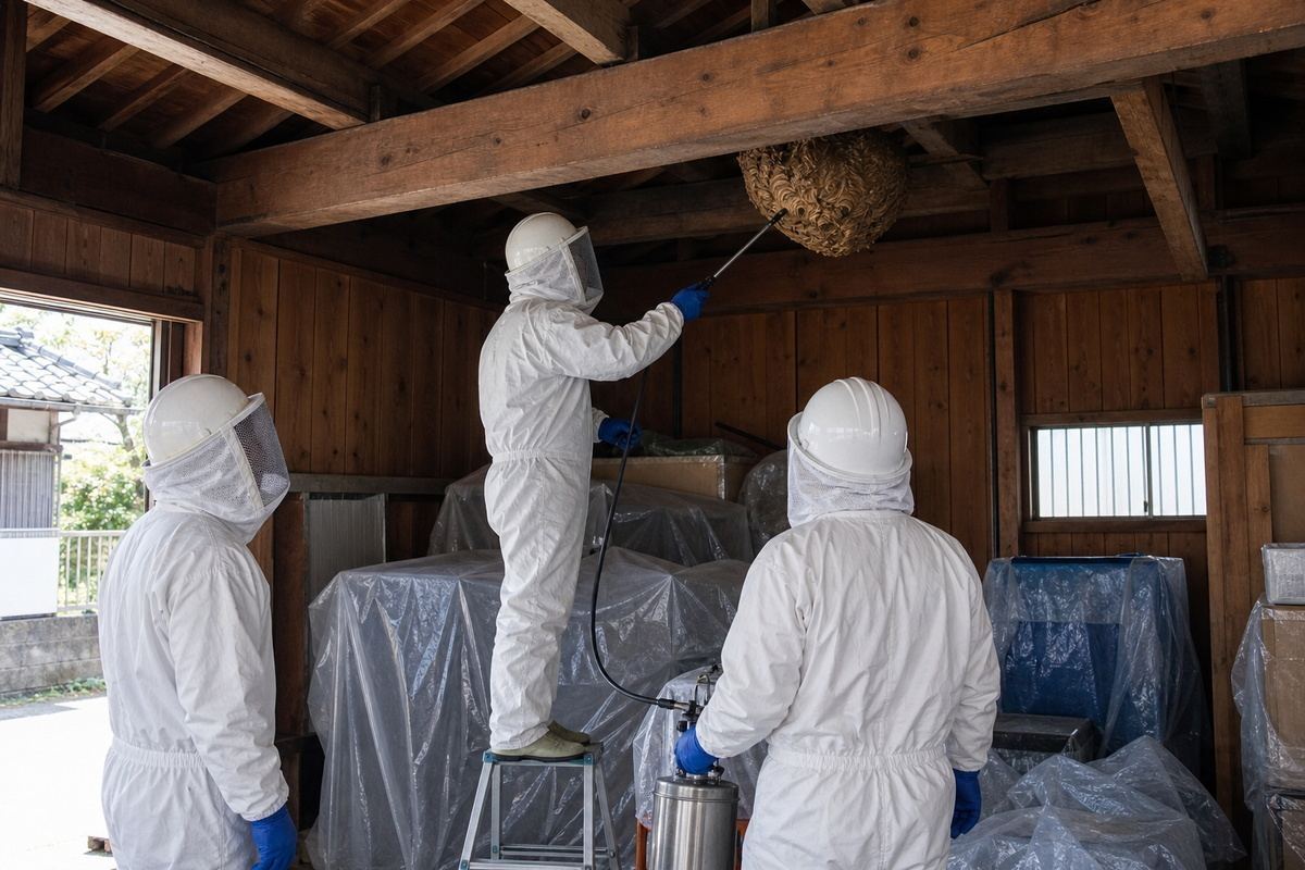安城市二本木町の倉庫付き住宅でオオスズメバチ駆除作業中