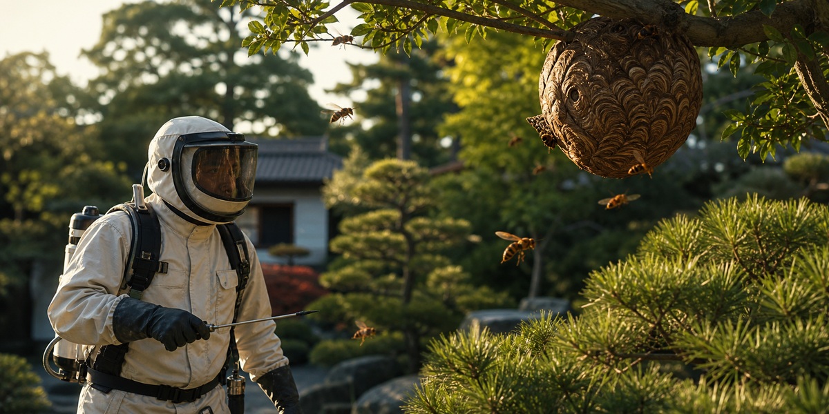大垣市の庭木に巣を作った大型オオスズメバチ駆除