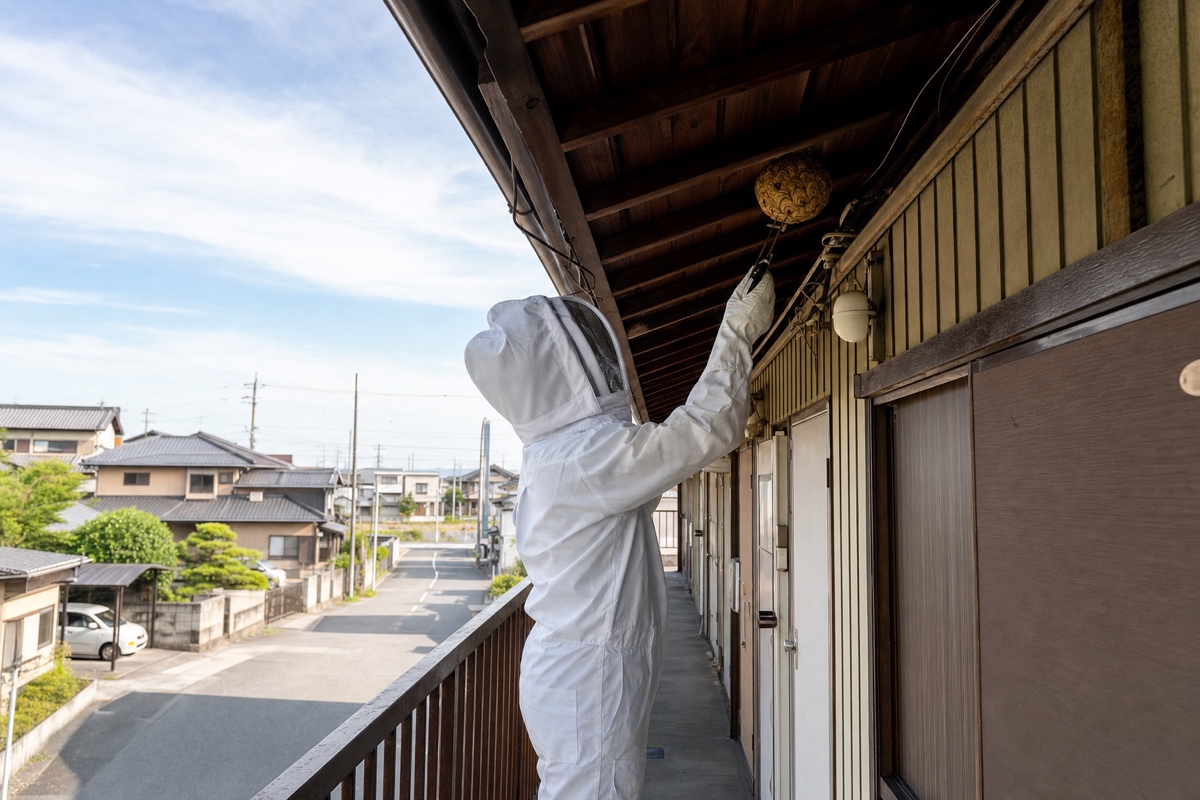 知立市宝町のアパート軒下でキイロスズメバチ駆除作業中