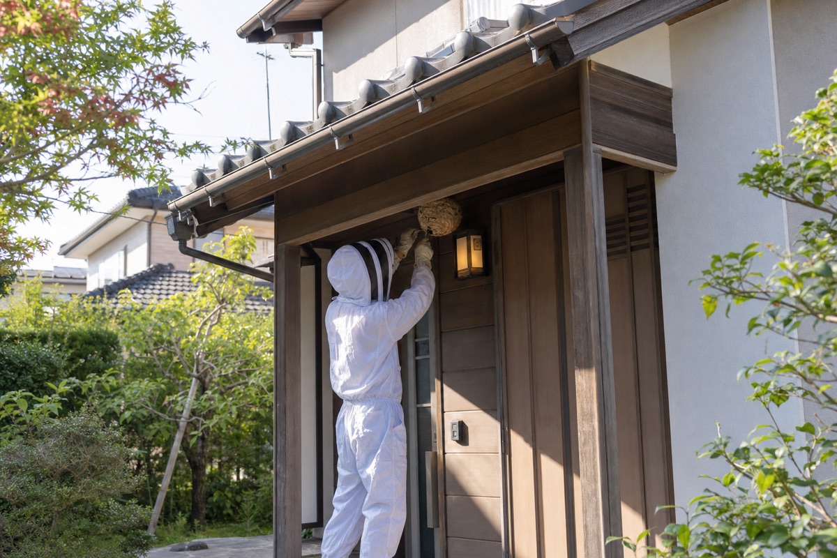 知立市新地町の住宅街でキイロスズメバチ駆除作業中