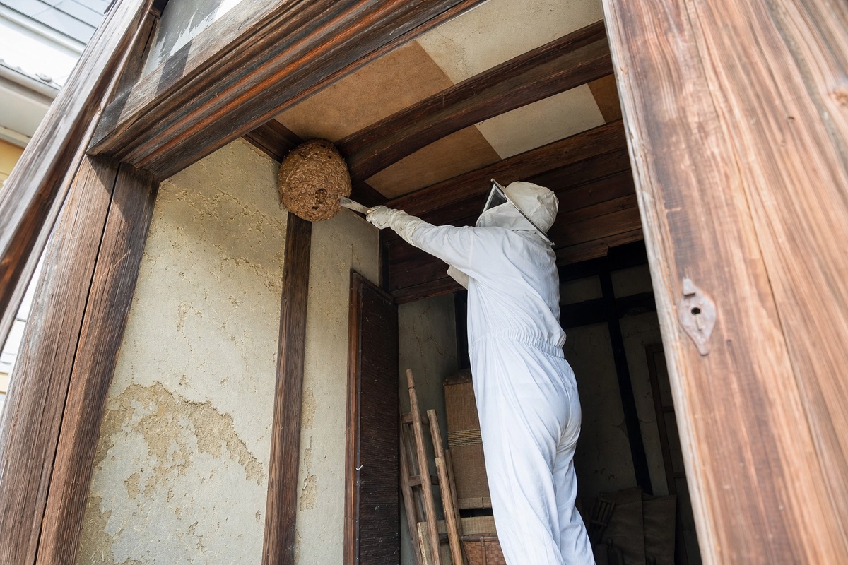 知立市西町の古民家でオオスズメバチ駆除作業中