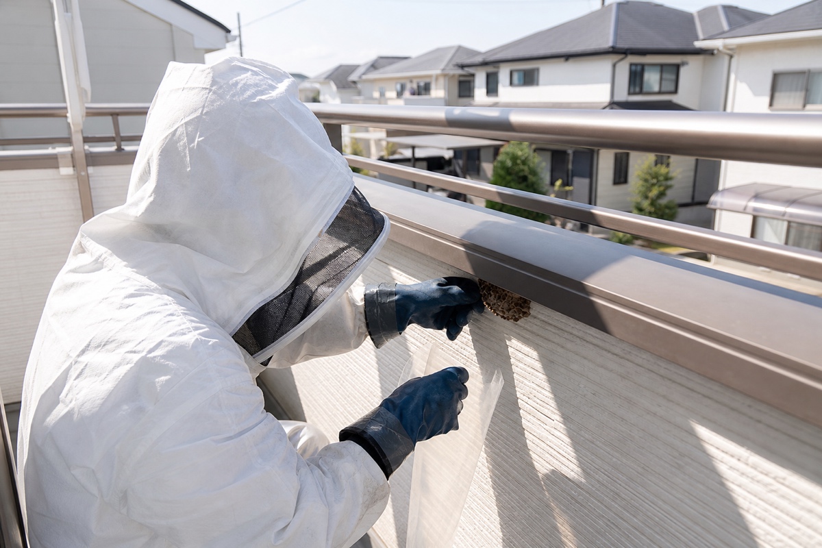 知立市長田の分譲住宅でアシナガバチ駆除作業中