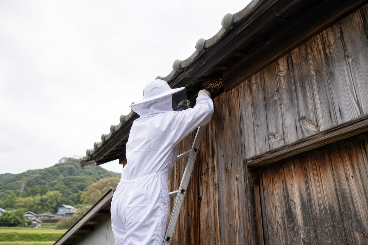 知立市来迎寺町の田園農家でミツバチ駆除作業中