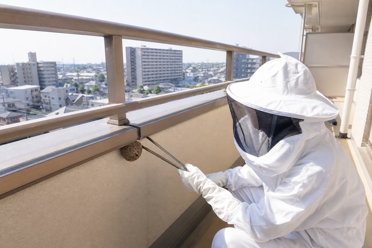 知立市栄のマンションでスズメバチ駆除作業中