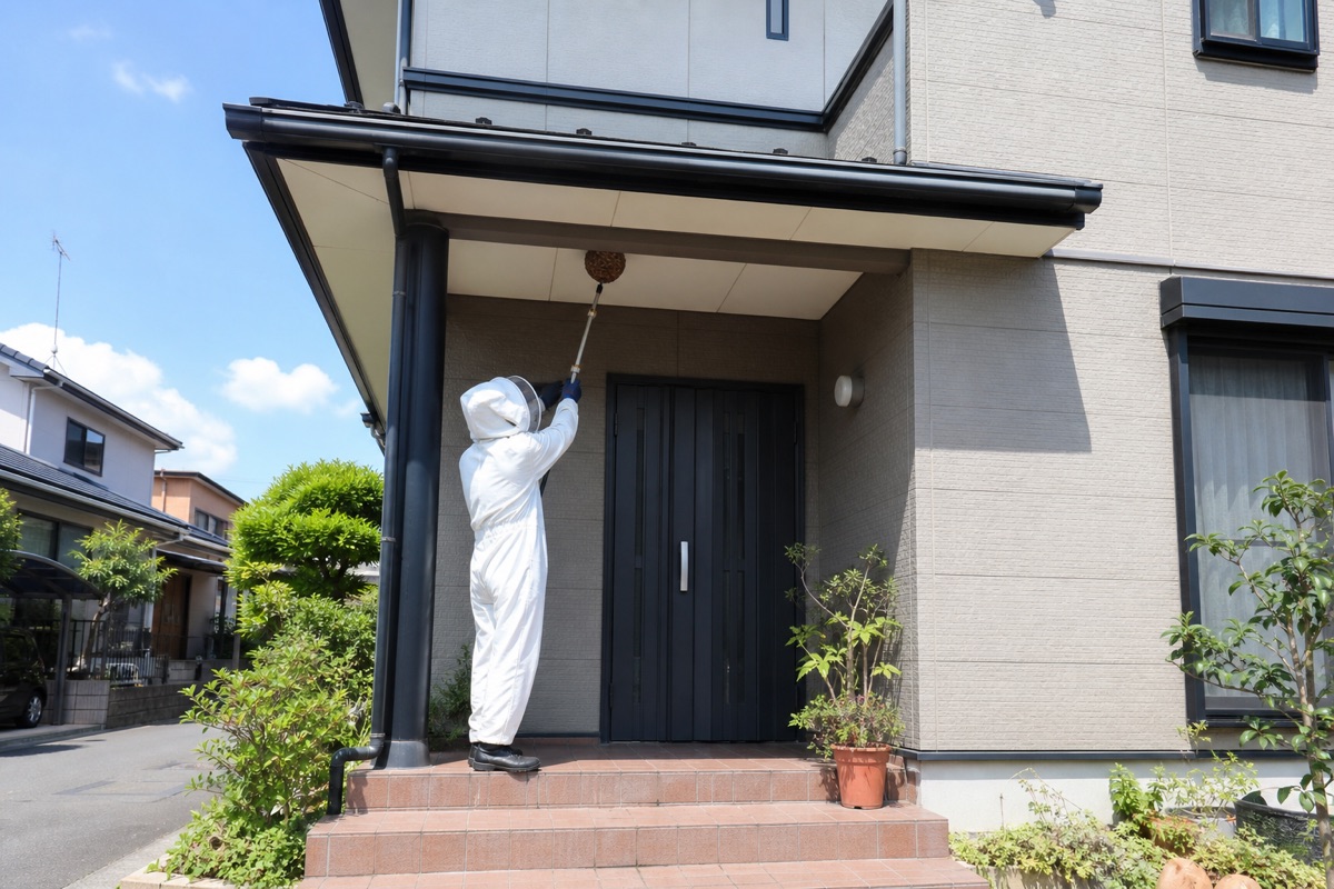 知立市南陽の住宅街でキイロスズメバチ駆除作業中