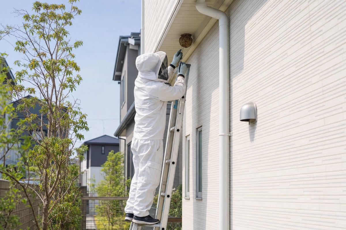 知立市八ツ田町の新築住宅でスズメバチ駆除作業中