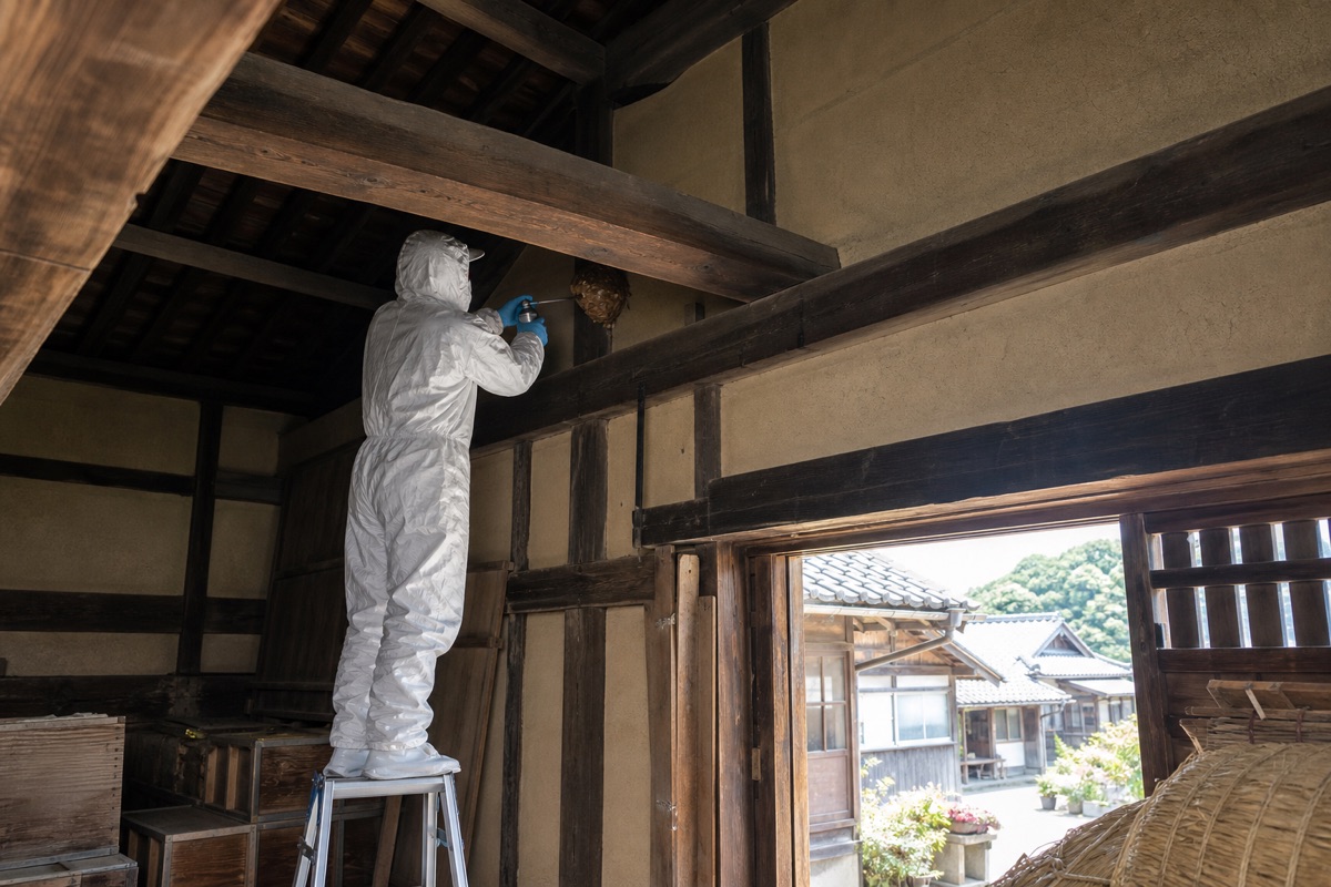 知多市佐布里の古民家でオオスズメバチ駆除作業中