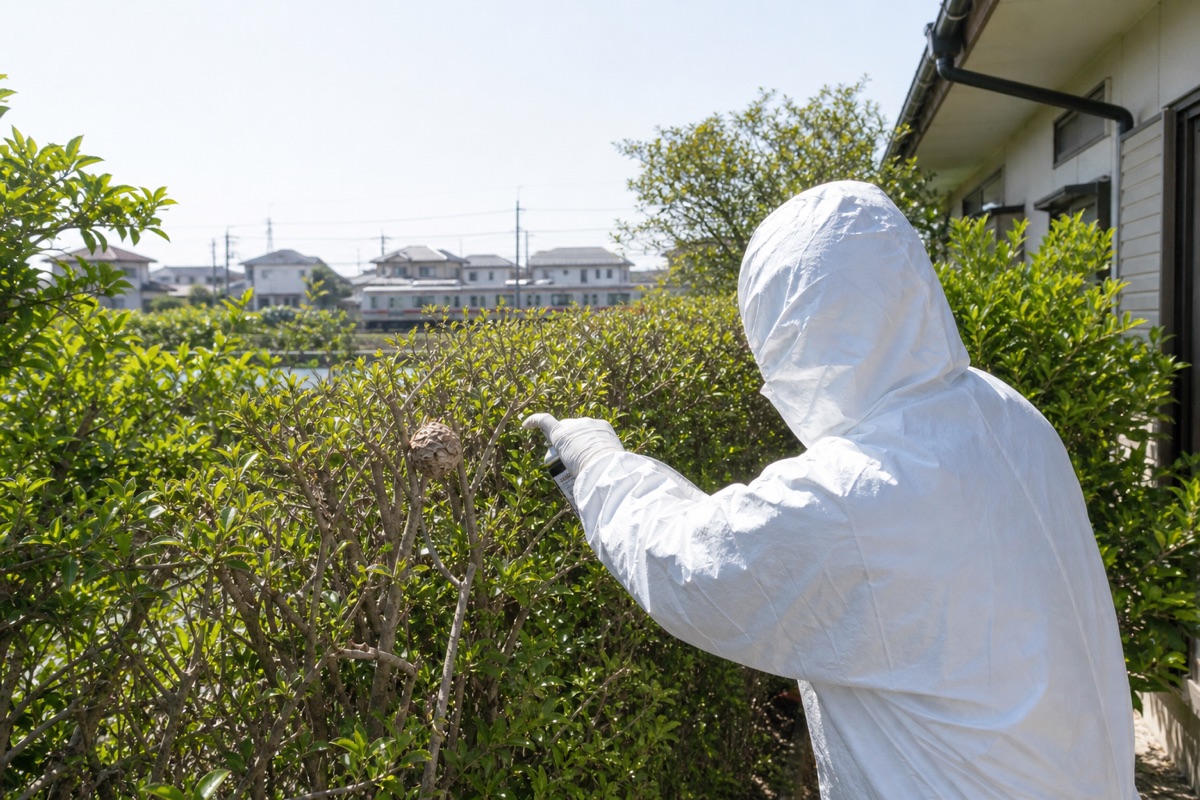 知多市新知の住宅街でアシナガバチ駆除作業中