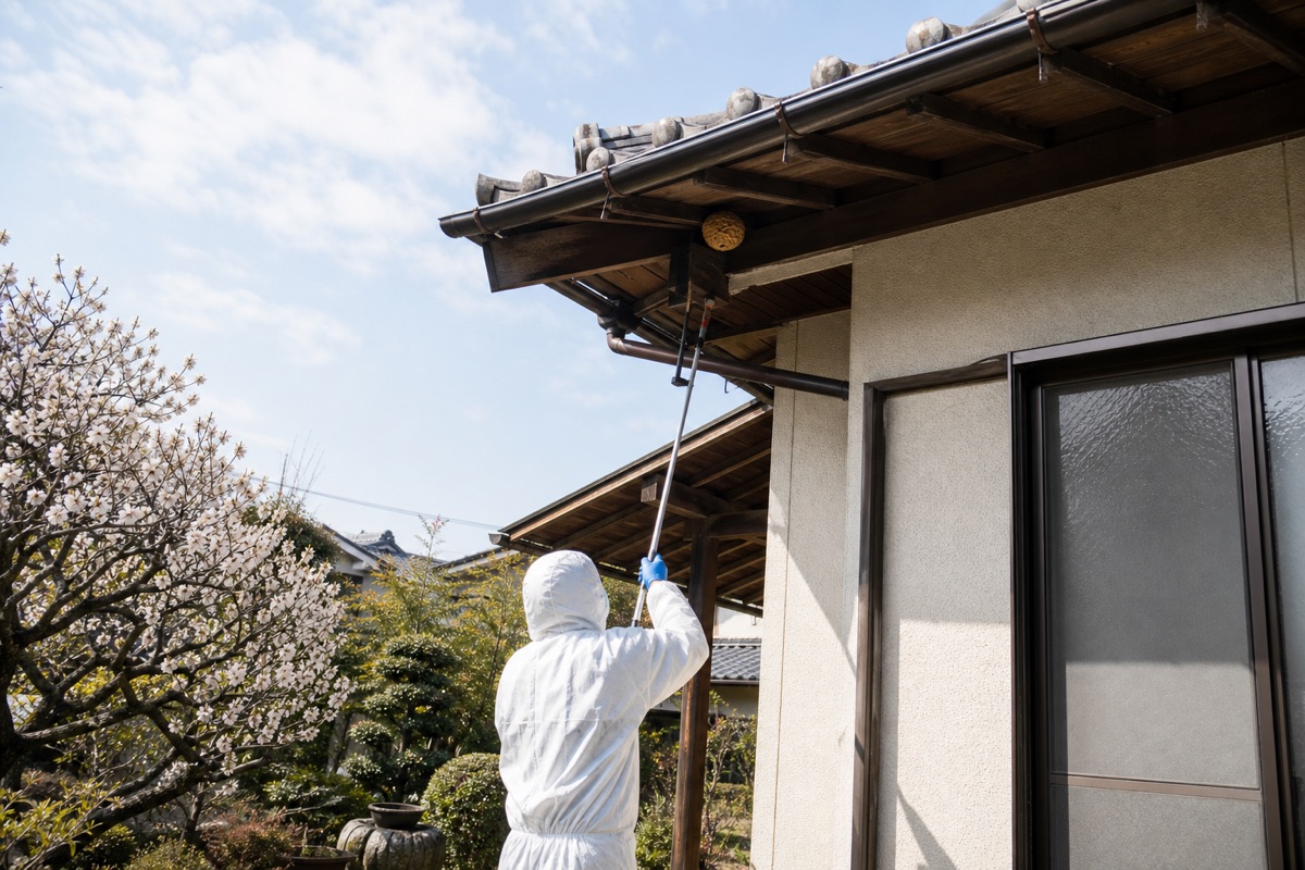 知多市八幡の佐布里池梅林近隣住宅でキイロスズメバチ駆除作業中