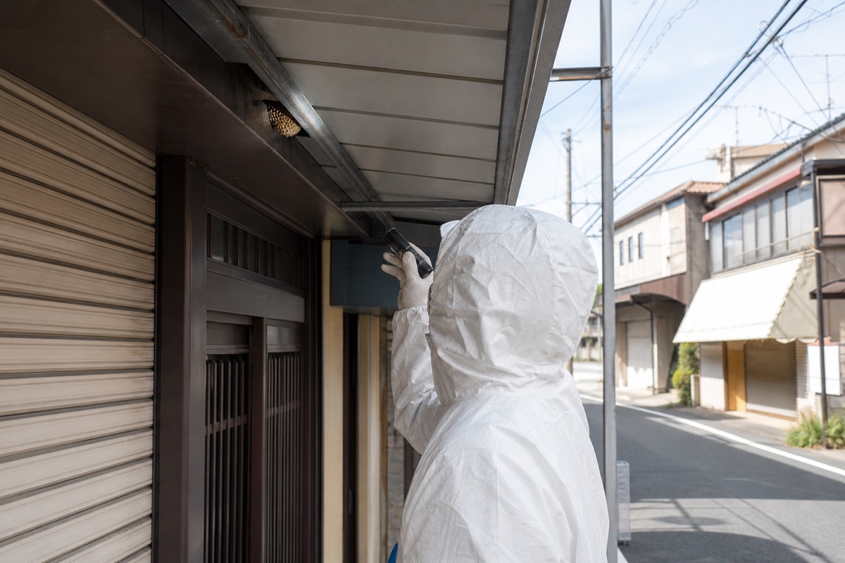 知多市朝倉の商店街店舗併用住宅でミツバチ駆除作業中
