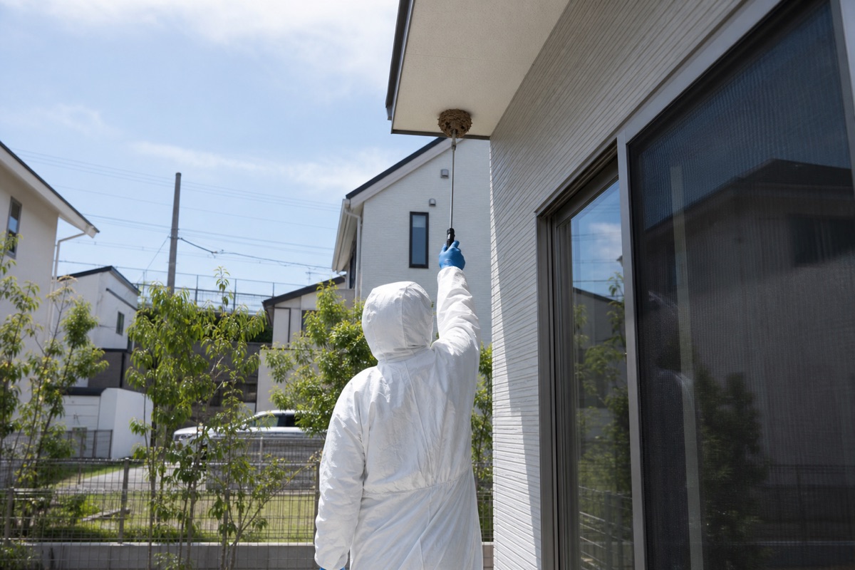 知多市巽ケ丘の新興住宅地でスズメバチ駆除作業中