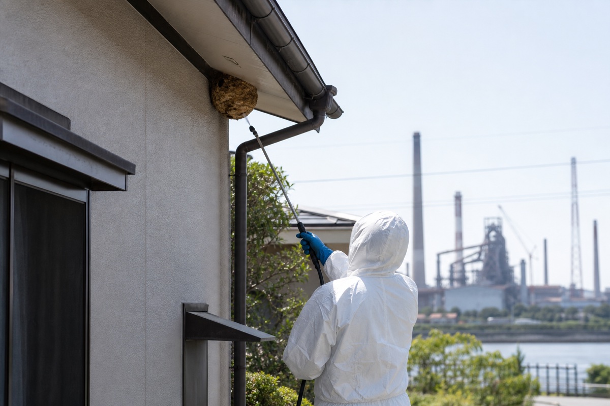 知多市塩浜町の製鉄所近隣住宅でキイロスズメバチ駆除作業中
