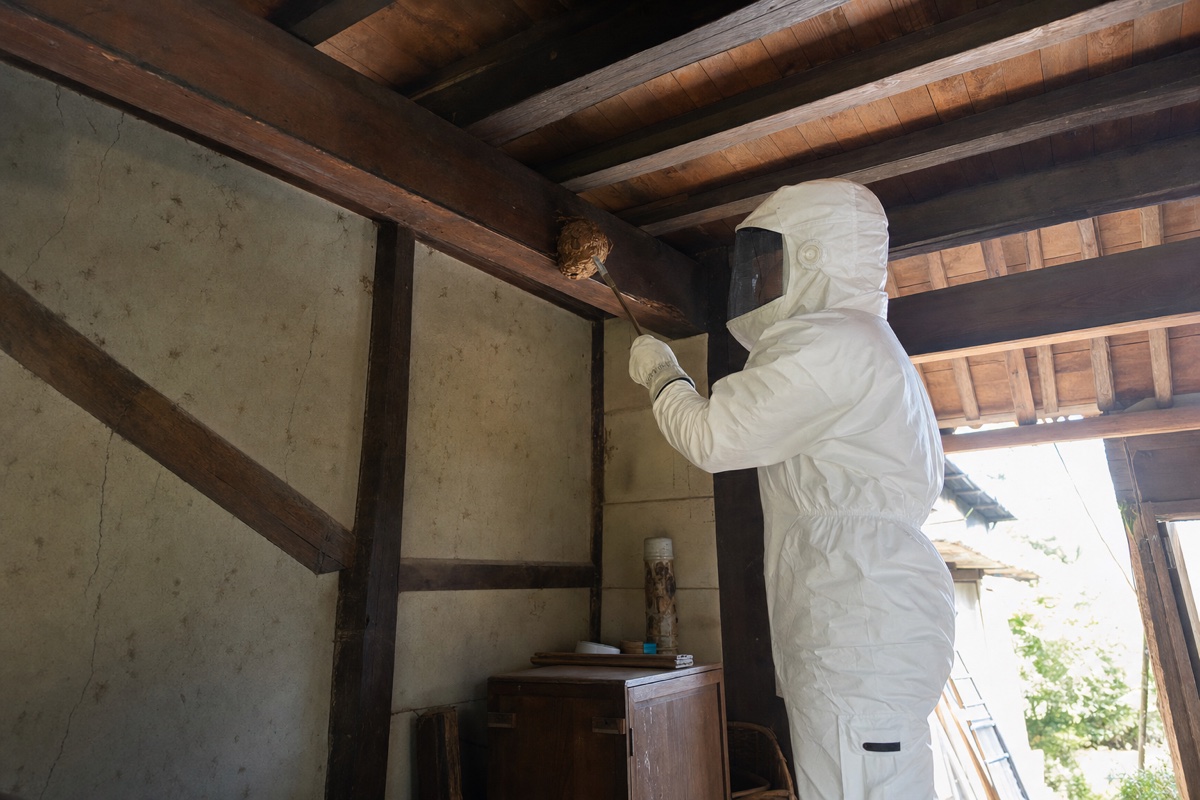 蒲郡市竹谷町の古民家でオオスズメバチ駆除作業中