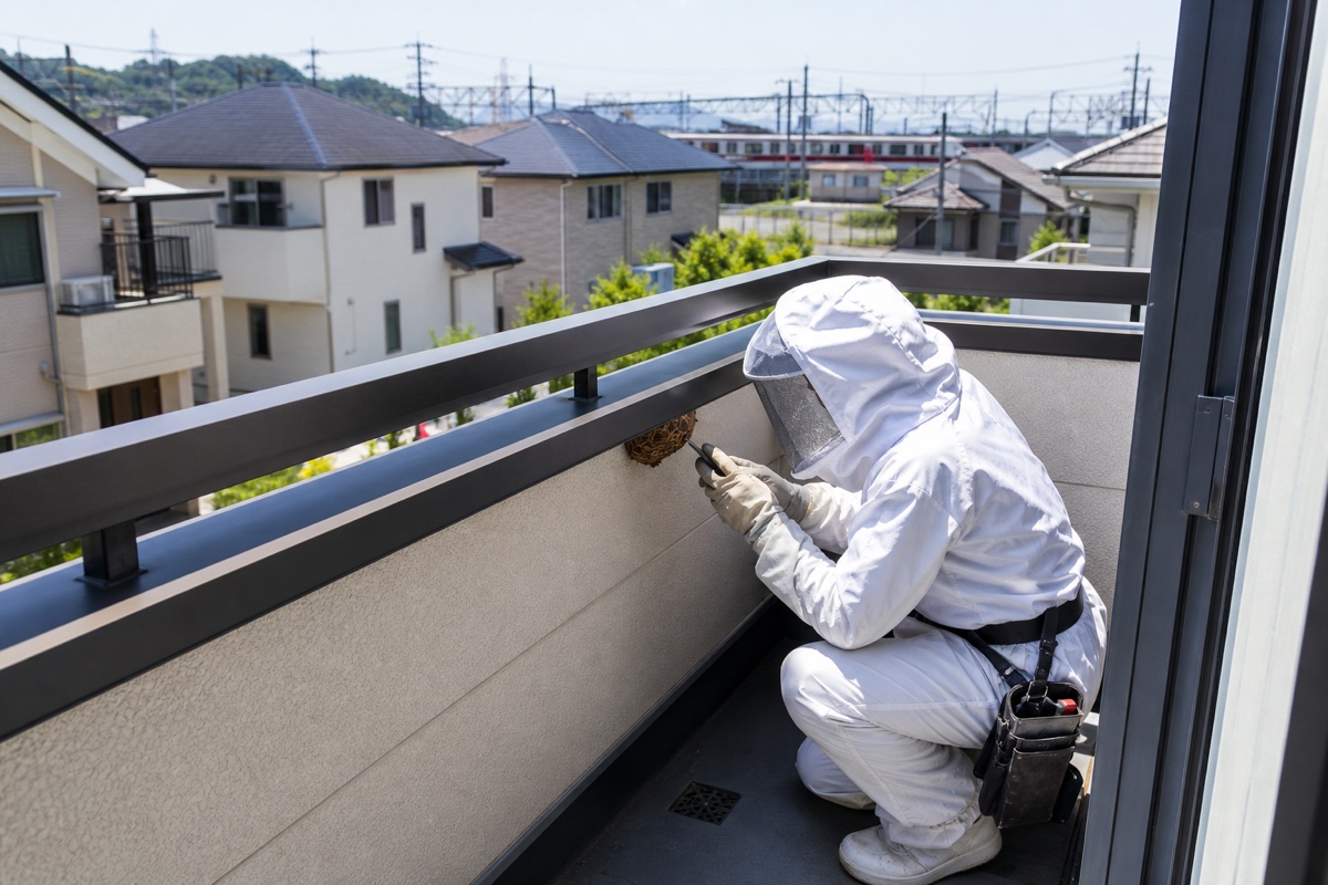 蒲郡市相楽町の新興住宅地でスズメバチ駆除作業中