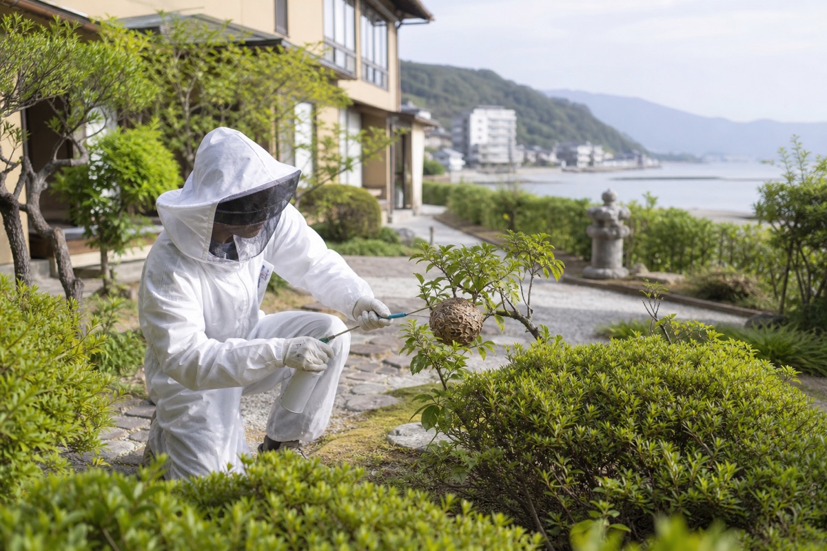 蒲郡市三谷町の温泉旅館併設住宅でキイロスズメバチ駆除作業中