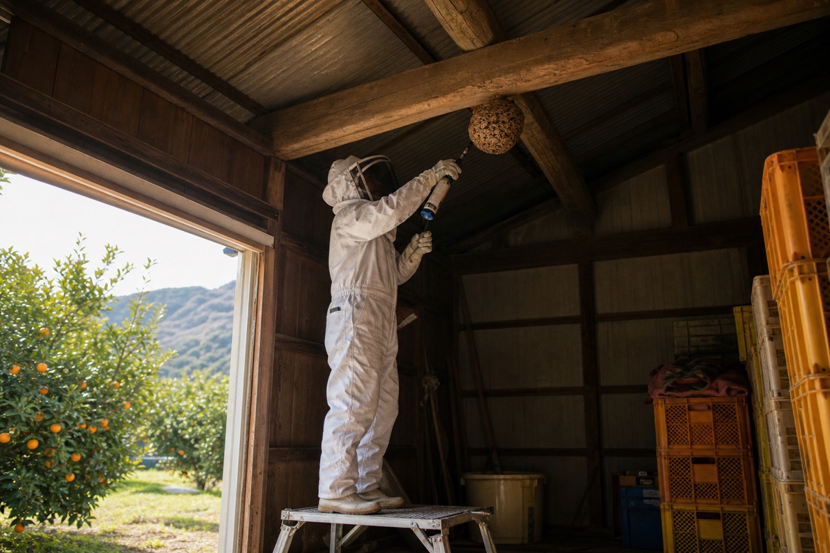 蒲郡市西浦町のみかん農家でミツバチ駆除作業中