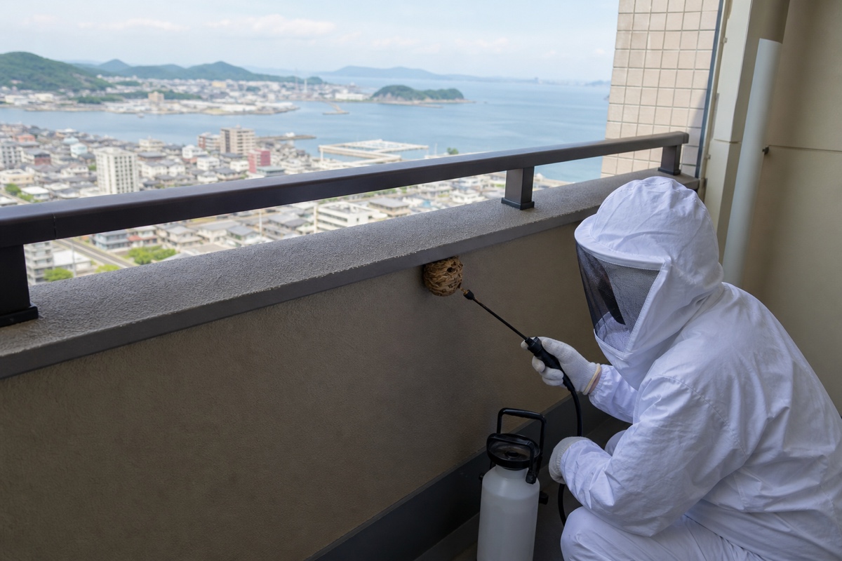 蒲郡市拾石町の住宅街でスズメバチ駆除作業中