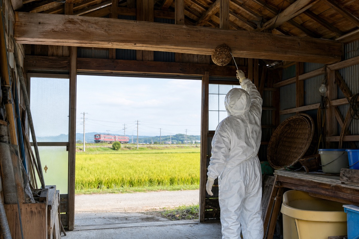蒲郡市三谷北通りの農地隣接住宅でオオスズメバチ駆除作業中