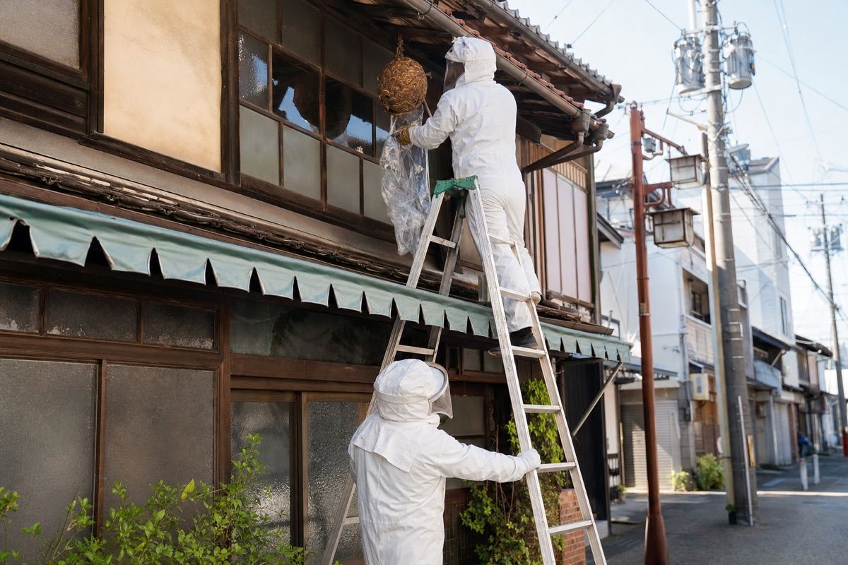 岐阜市柳ケ瀬の商店併用住宅でスズメバチ駆除作業中