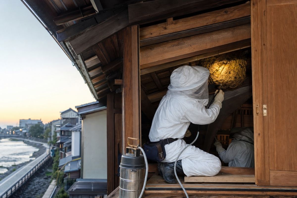 岐阜市長良の川沿い古民家でキイロスズメバチ駆除作業中