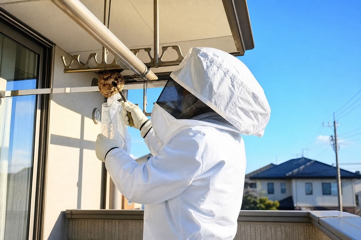岐阜市加納の住宅地でアシナガバチ駆除作業中