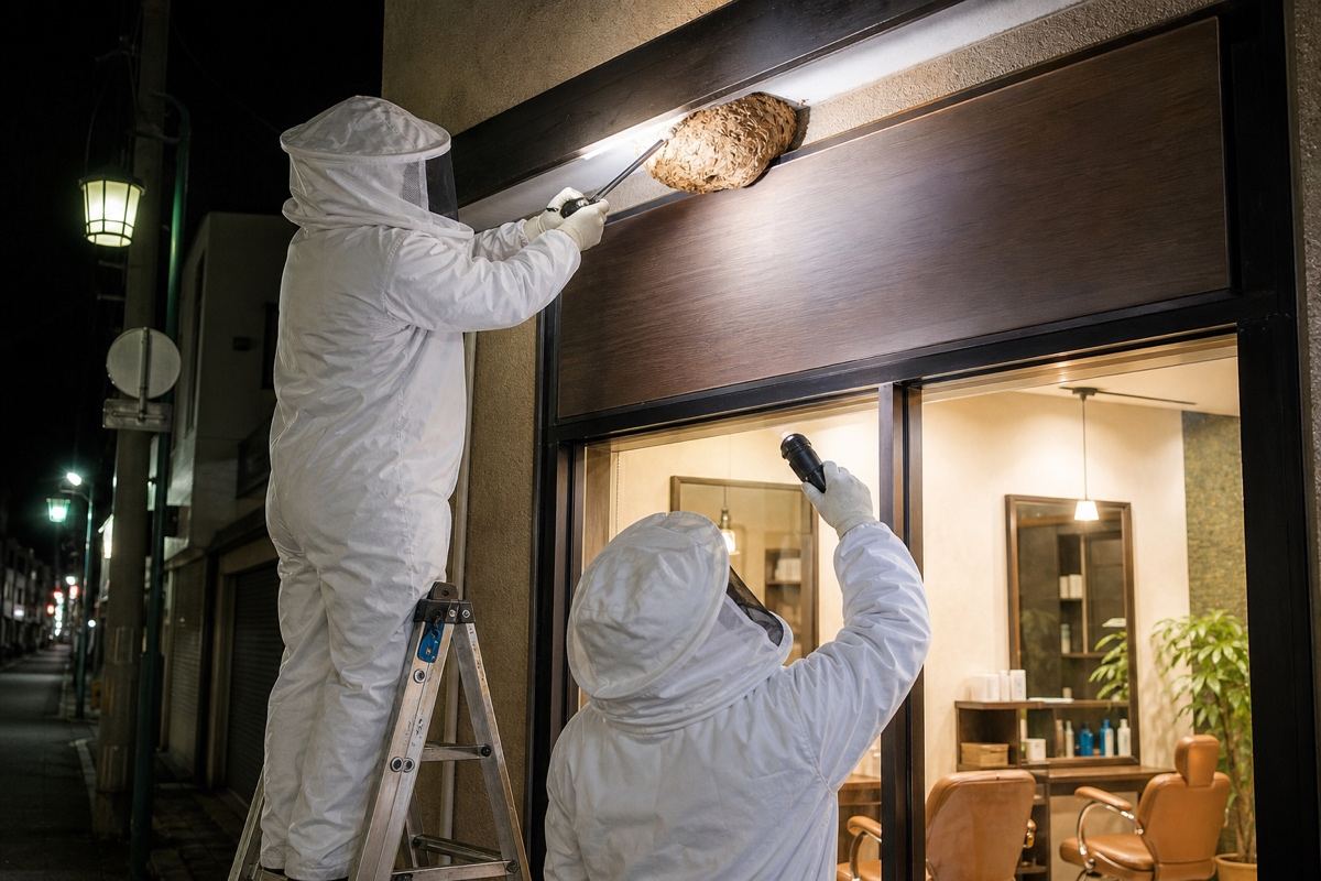 岐阜市鏡島の店舗併用住宅でスズメバチ駆除作業中