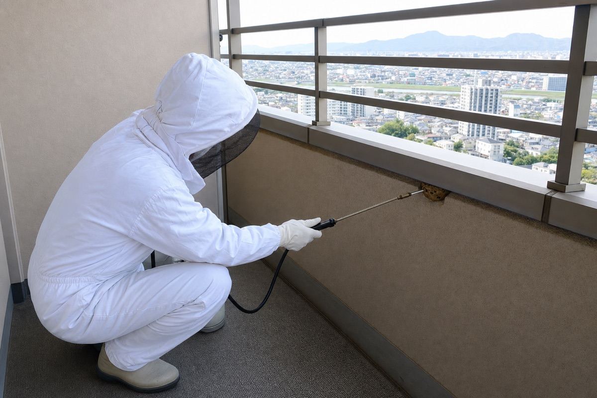 岐阜市茜部のマンションでキイロスズメバチ駆除作業中