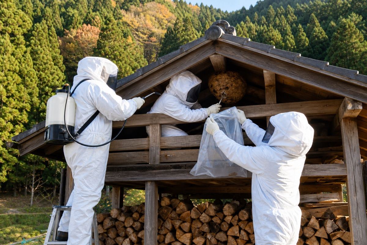 岐阜市芥見の山間部住宅でオオスズメバチ駆除作業中