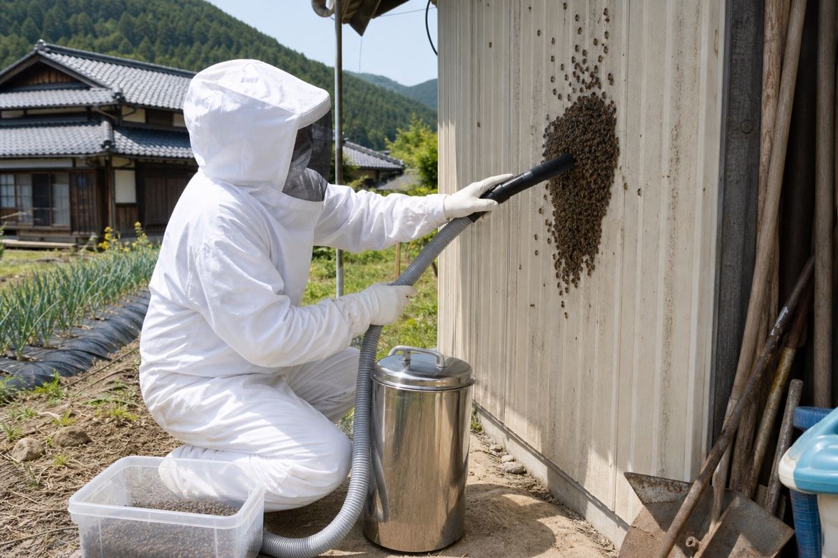 岐阜市黒野の農家住宅でミツバチ駆除作業中