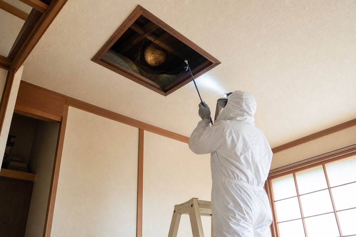岐阜市鶉の郊外住宅でキイロスズメバチ駆除作業中