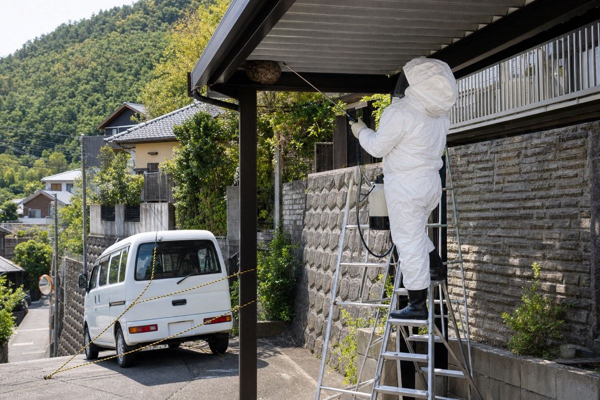 岐阜市日野の坂道住宅でスズメバチ駆除作業中