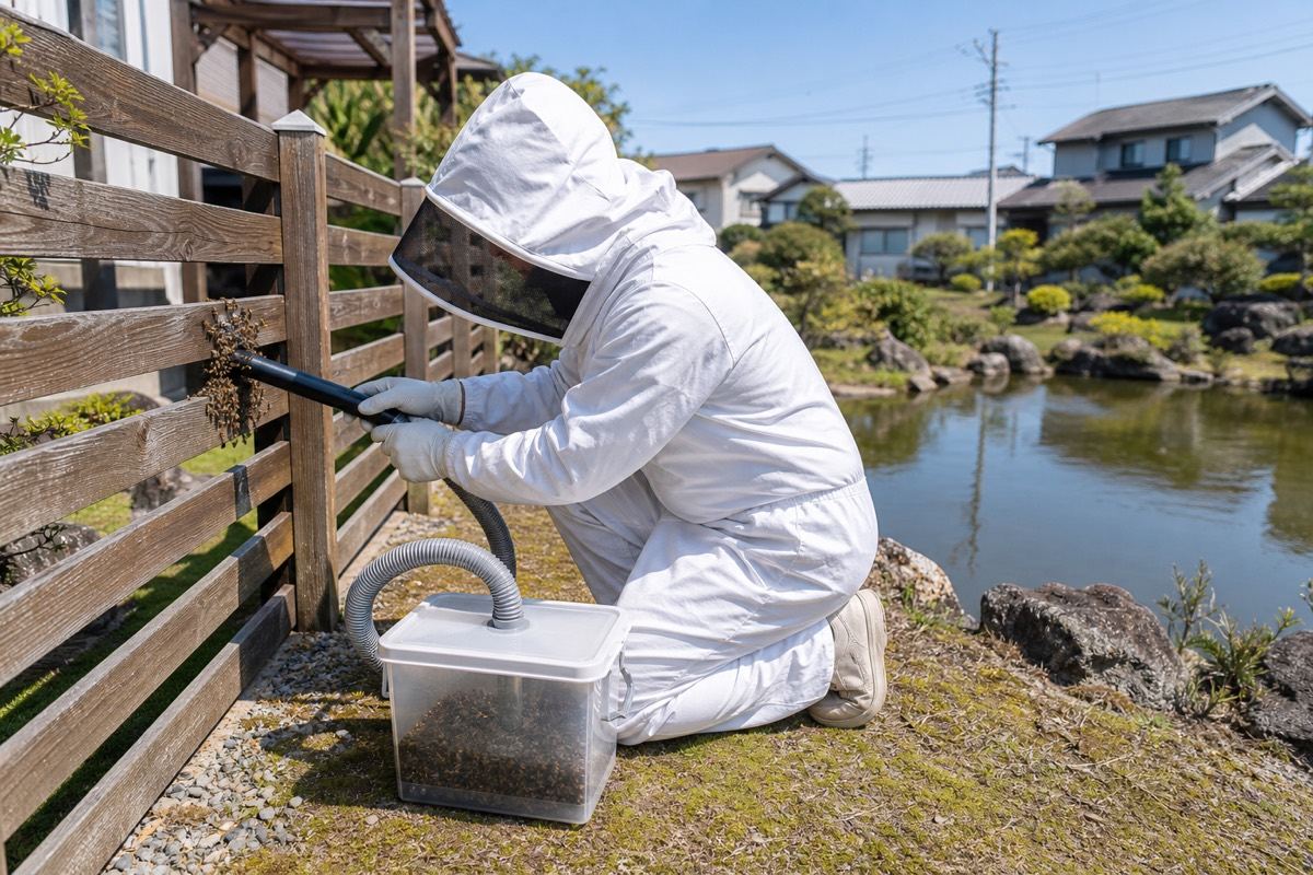 岐阜市領下の池近隣住宅でミツバチ駆除作業中