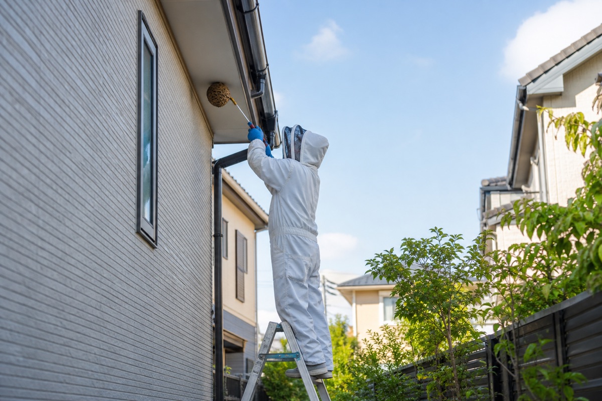 半田市岩滑中町の住宅街でスズメバチ駆除作業中