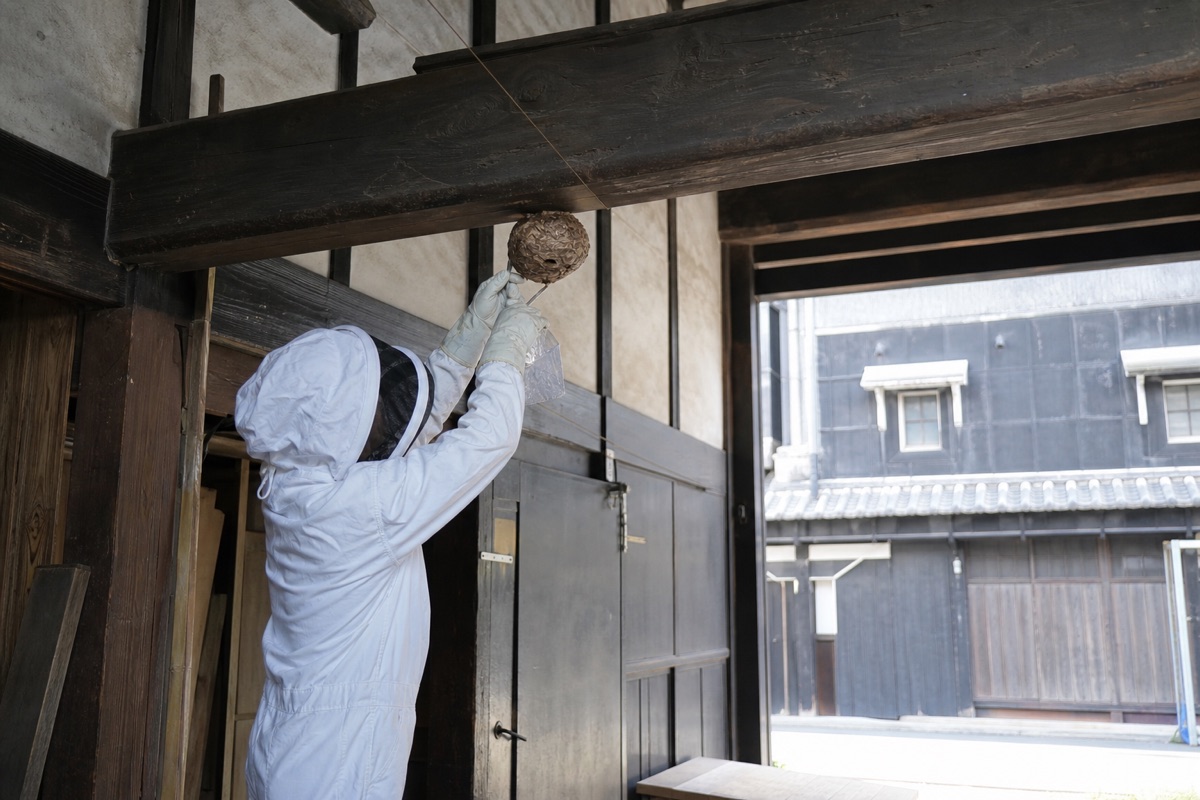 半田市乙川末広町の酢蔵近隣住宅でオオスズメバチ駆除作業中